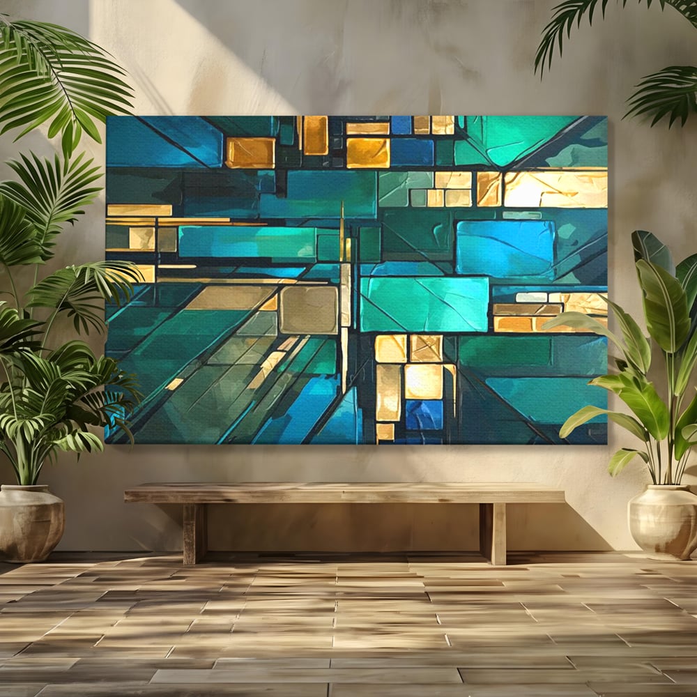 Tablou canvas cu tablou abstract geometric in nuante de albastru, fara rama, pe sasiu de lemn